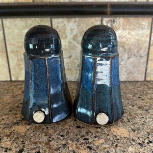 Beautiful denim blue, hand crafted, signed pottery salt/pepper shakers